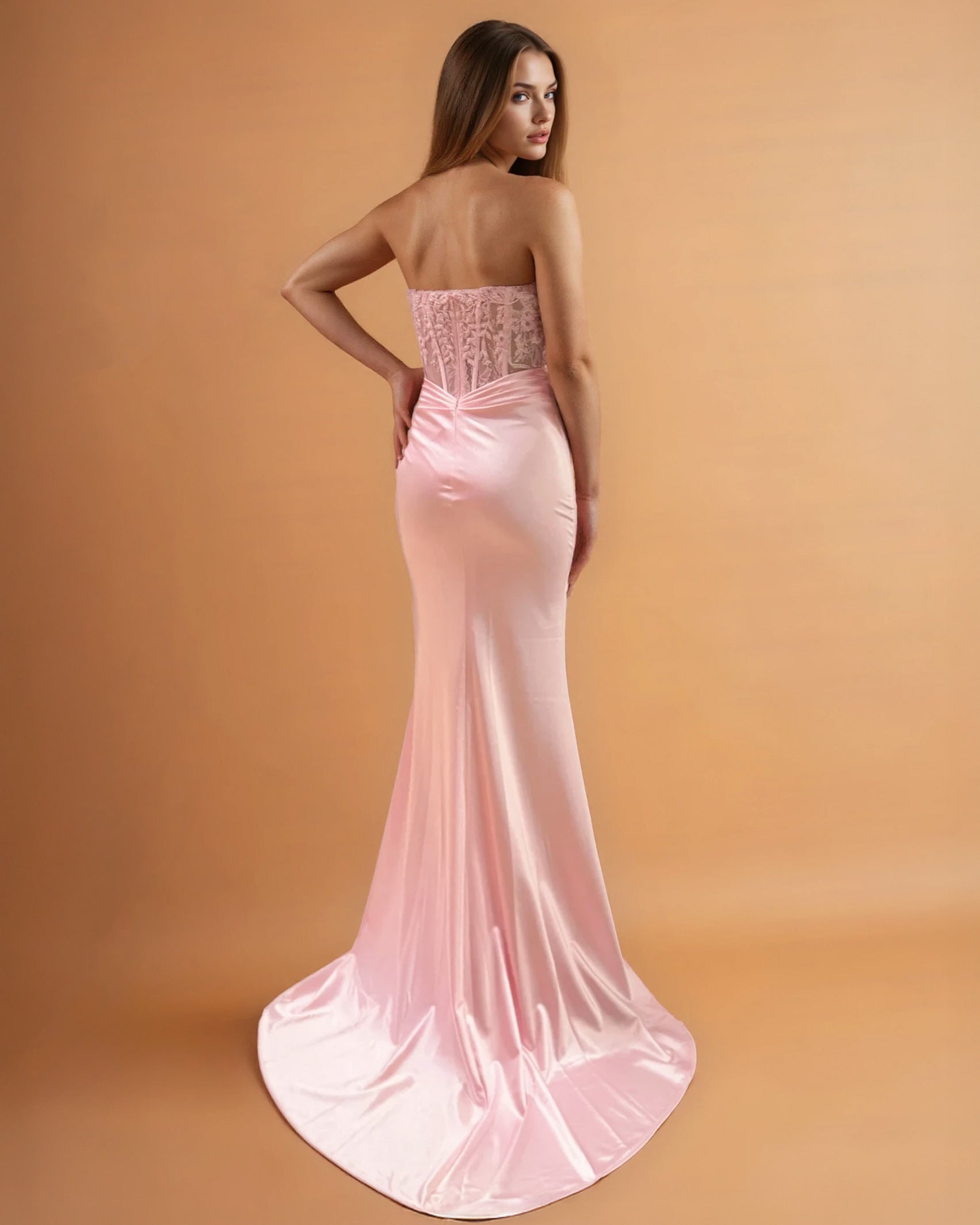 Niki Corset Satin Gown Pink Back