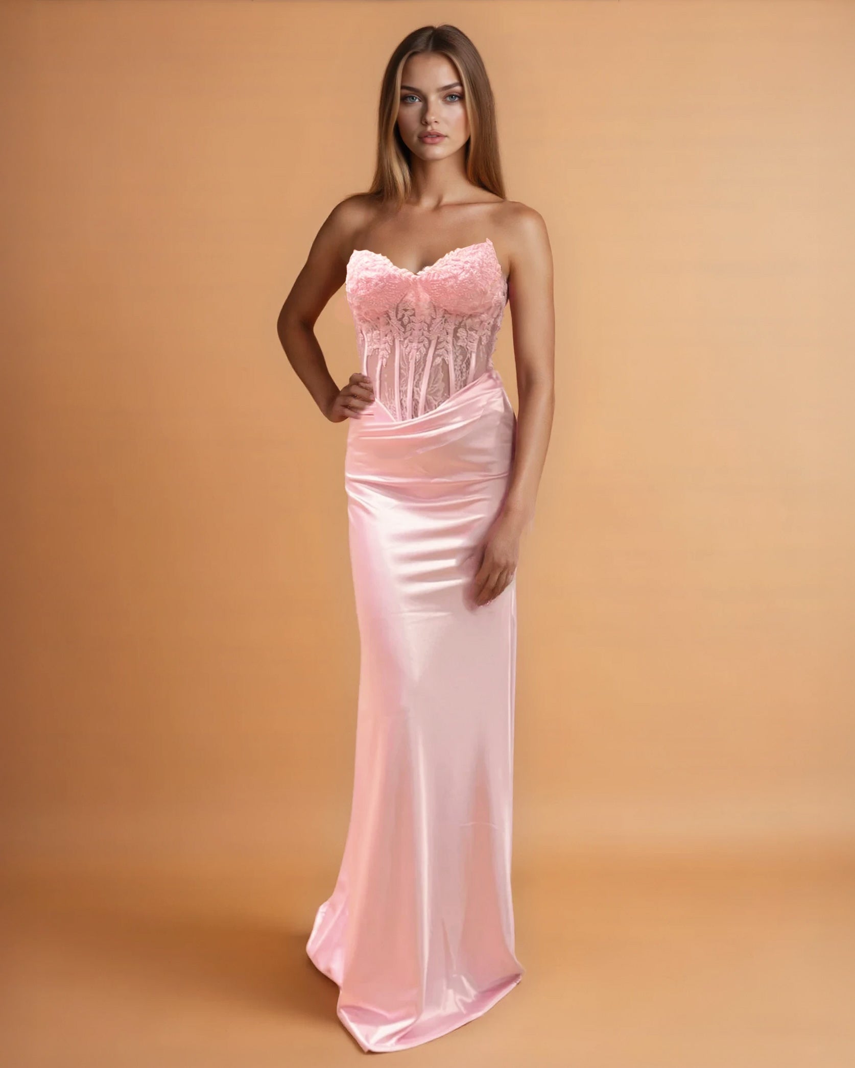 Niki Corset Satin Gown - Pink