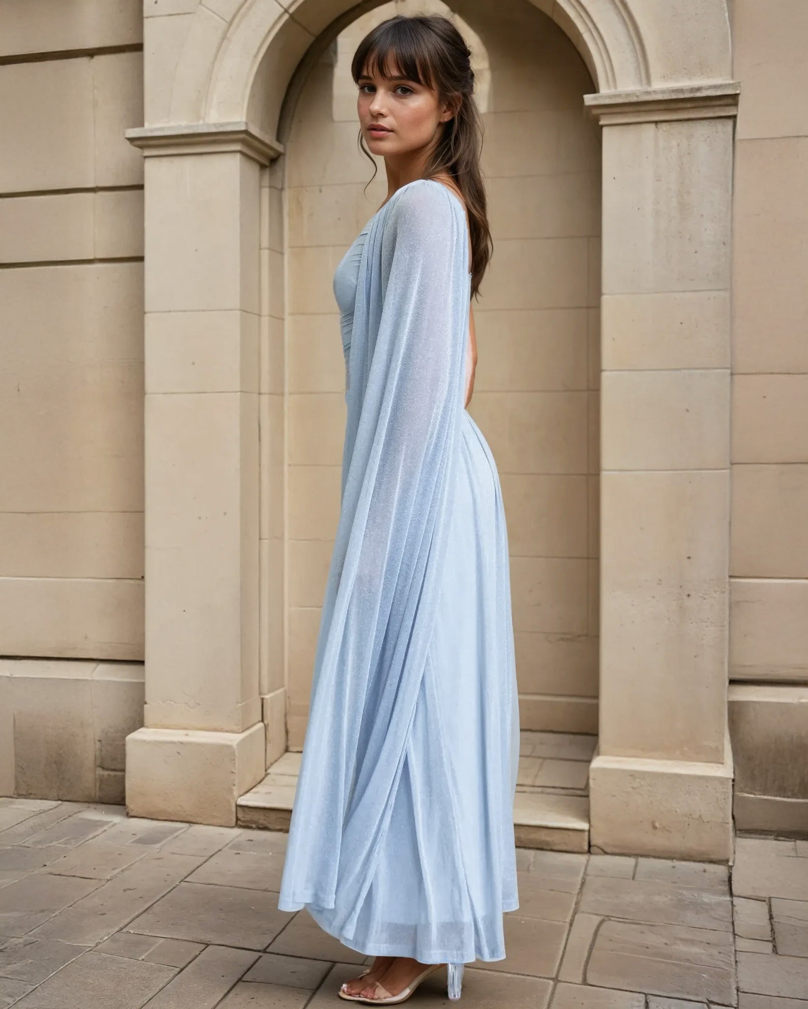 Woman wearing a light blue one-shoulder dress standing in front of a stone building.