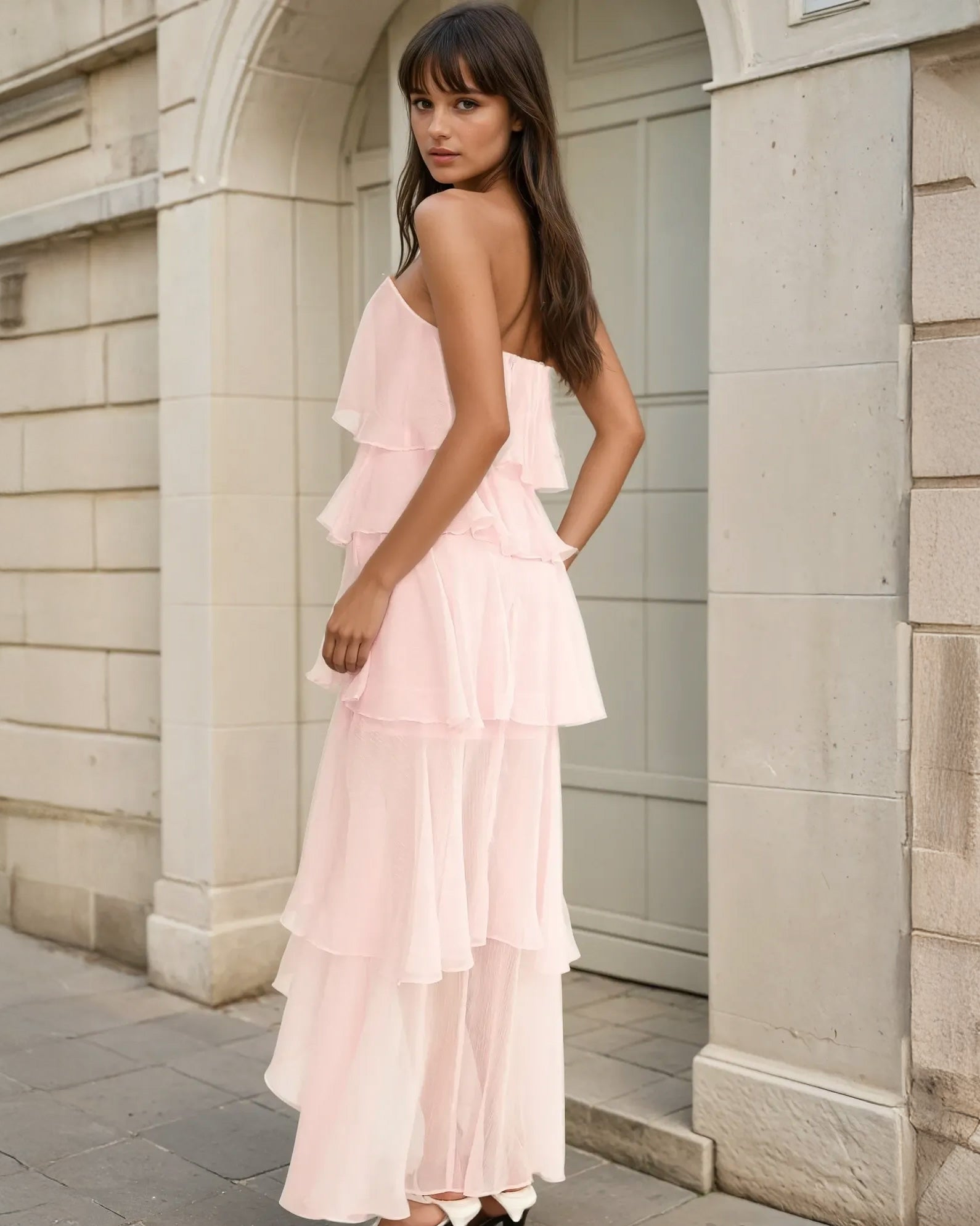 Ophelia Ruffle Maxi Dress Pink Back