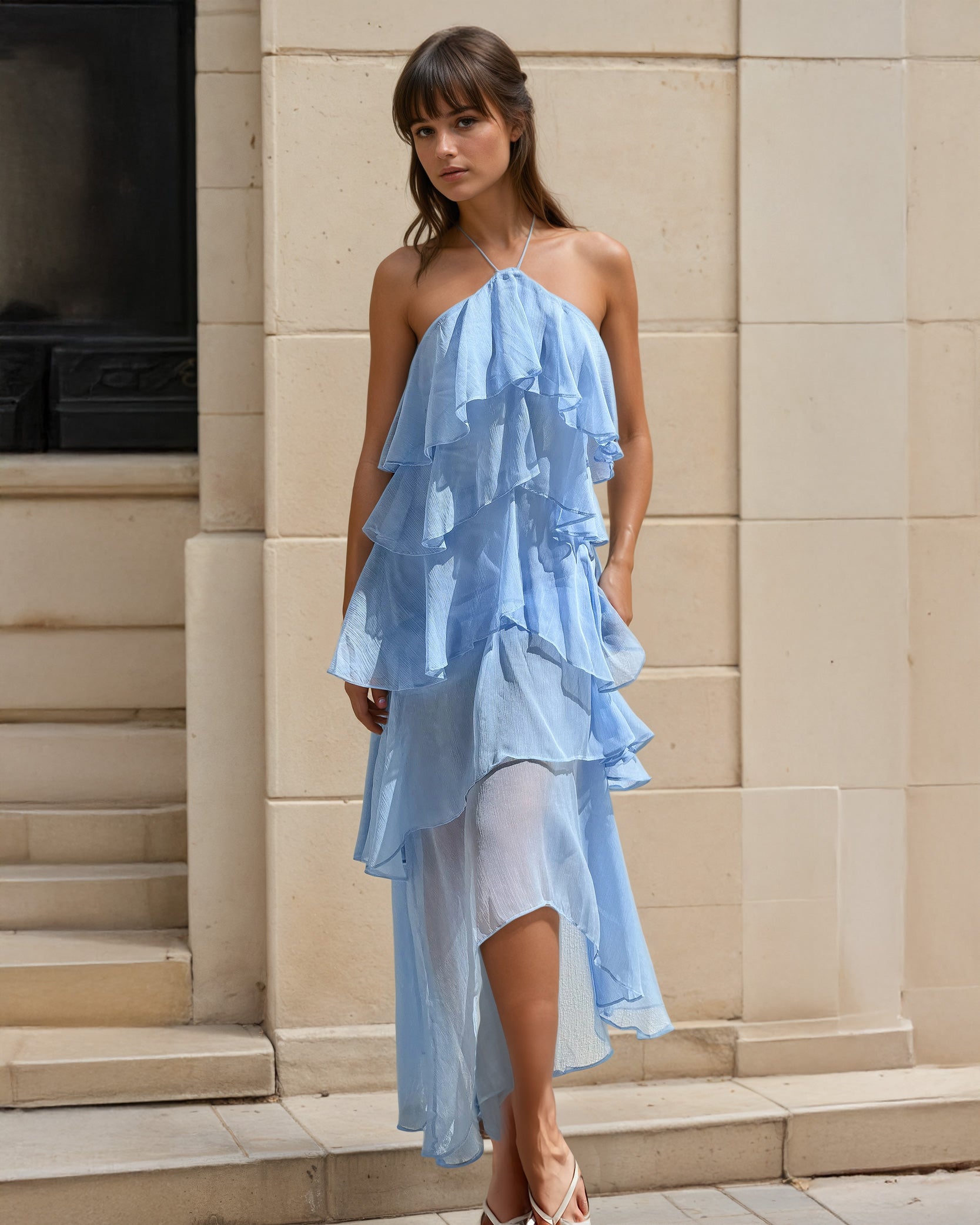 Ophelia Ruffle Maxi Dress Blue Front