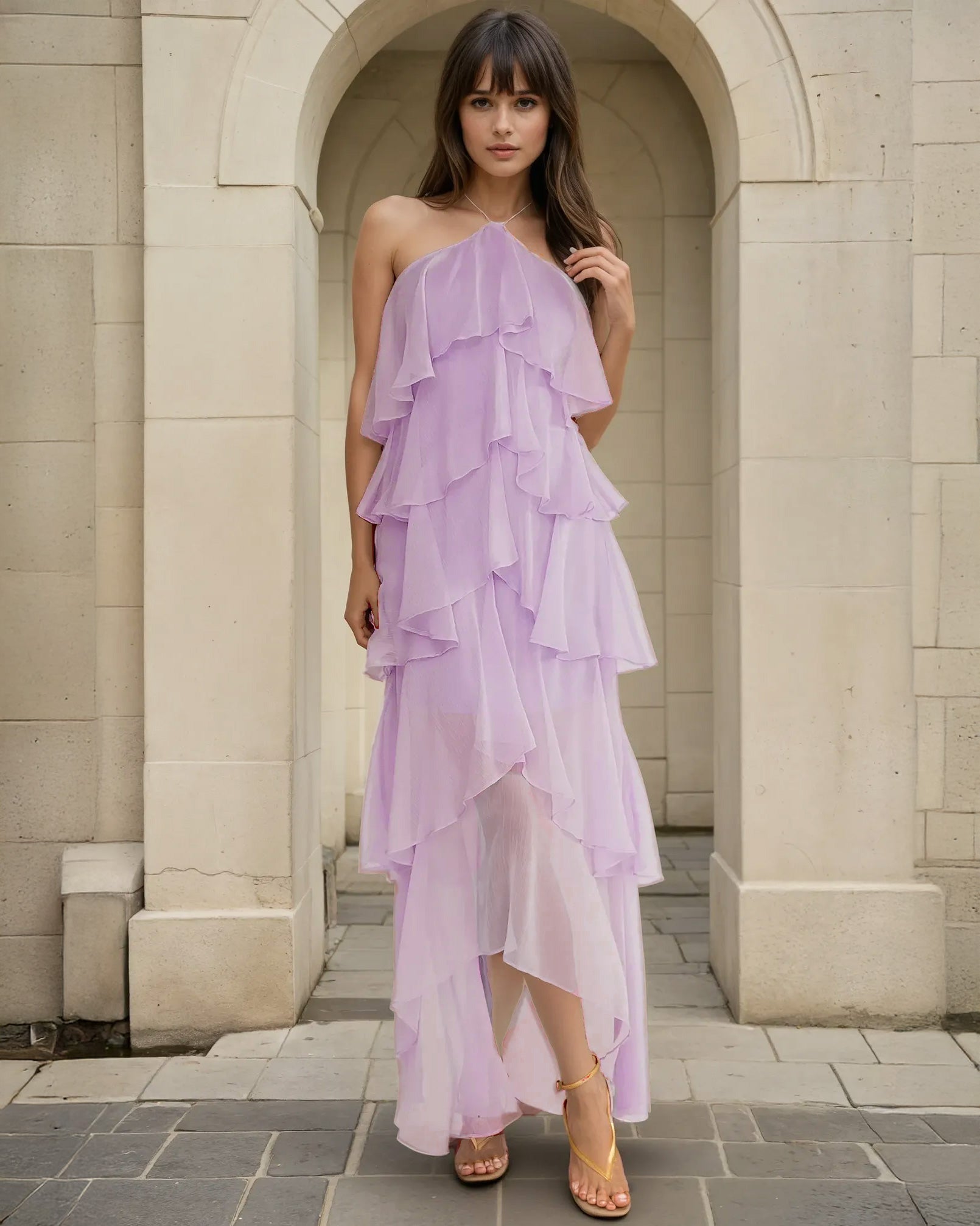 Woman wearing a purple ruffled dress standing in front of a stone archway.