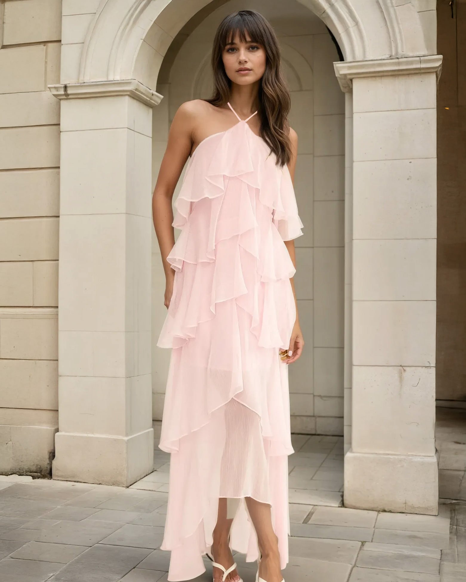 Ophelia Ruffle Maxi Dress Pink Front