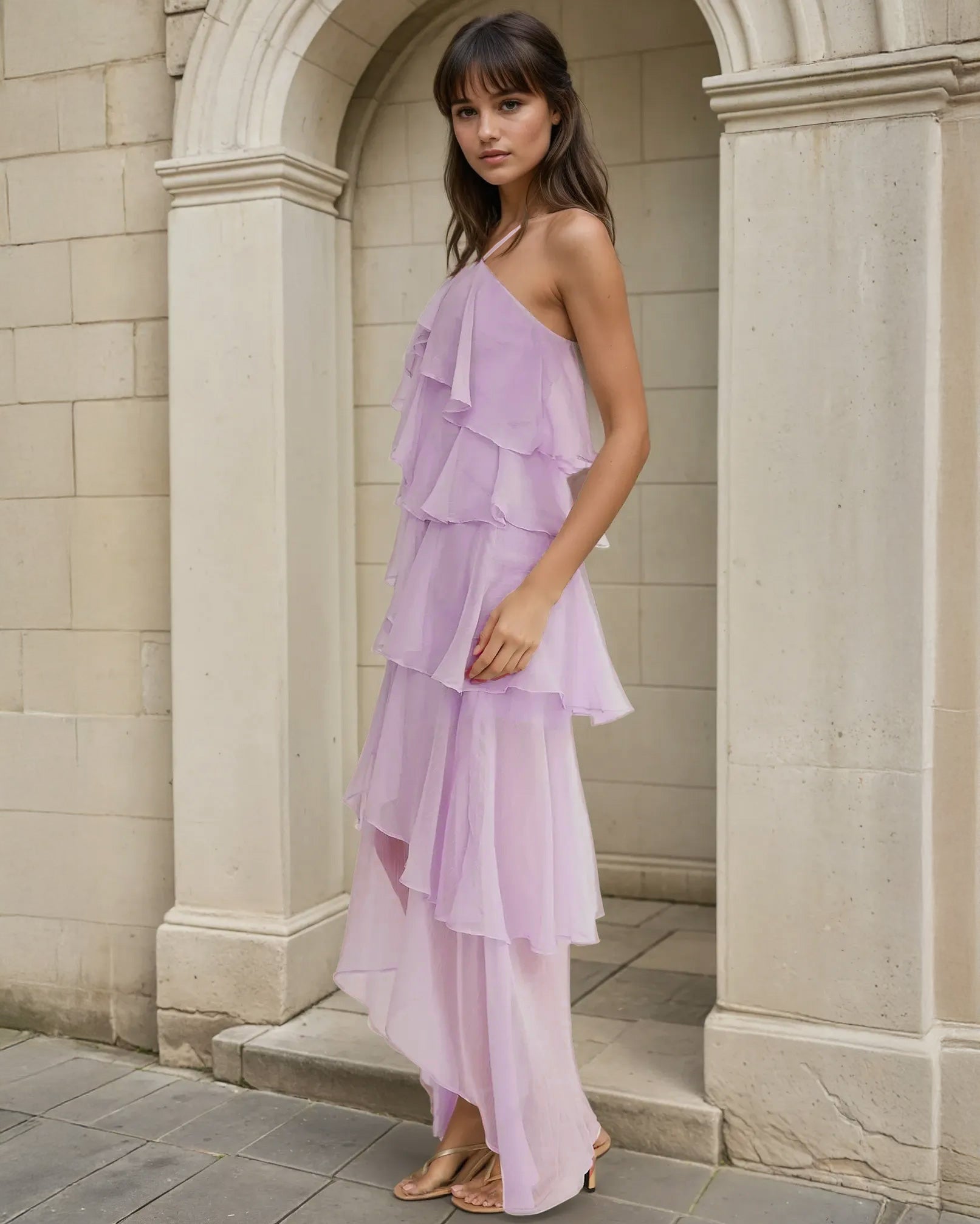 Woman wearing a lilac one-shoulder dress standing against a stone archway.