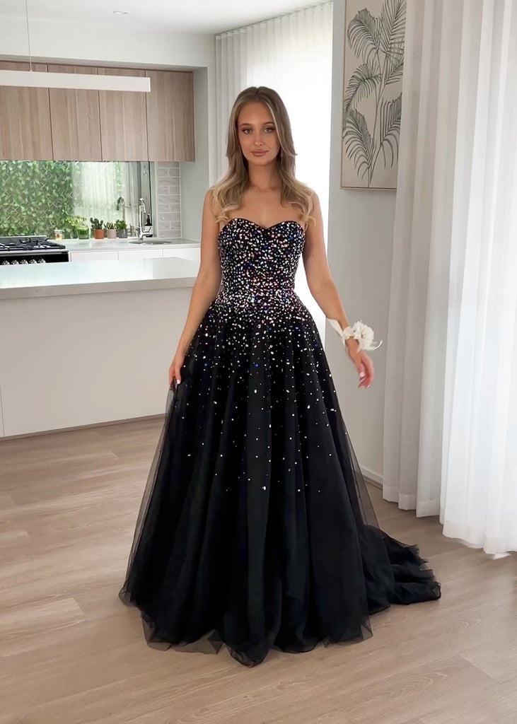 Beatrice Beaded Tulle Gown - Black