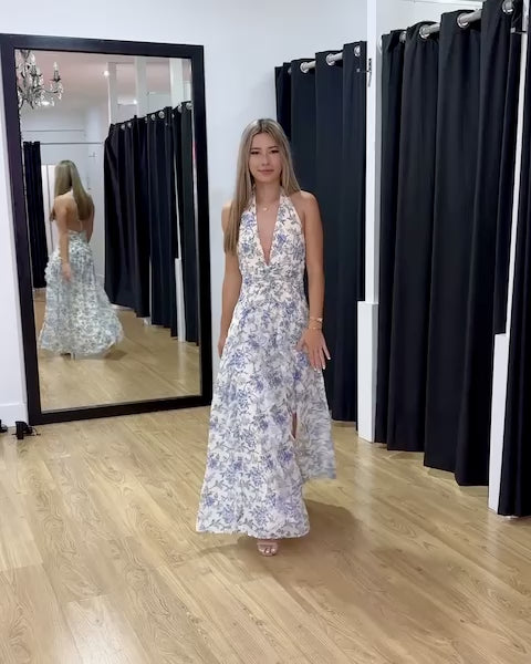 Julian Halterneck Maxi Dress Blue Print Video