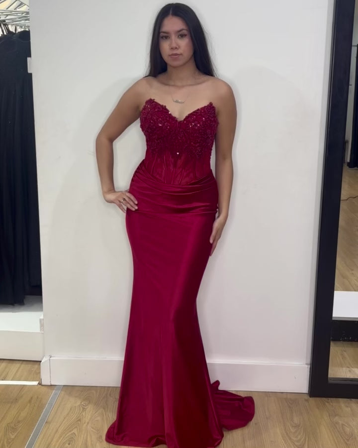 Niki Corset Satin Formal Gown - Ruby Video