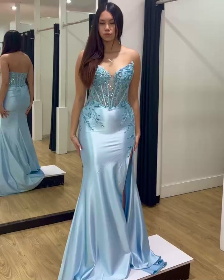 Sasha Strapless Corset Formal Gown - Light Blue Video