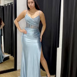 Montana Corset Satin Fitted Formal Gown Blue Video