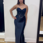 Niki Corset Satin Formal Gown - Navy Video
