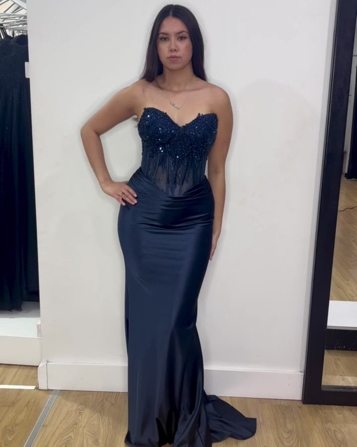Niki Corset Satin Formal Gown - Navy Video