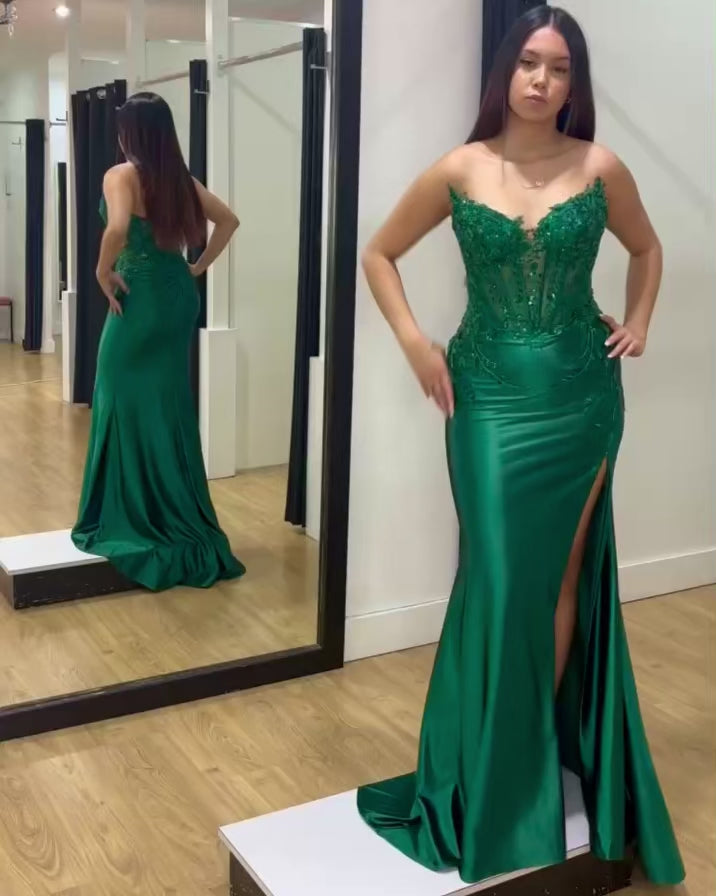 Sasha Strapless Corset Formal Gown - Emerald Video