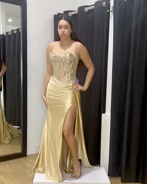 Morgana corset formal gown gold video