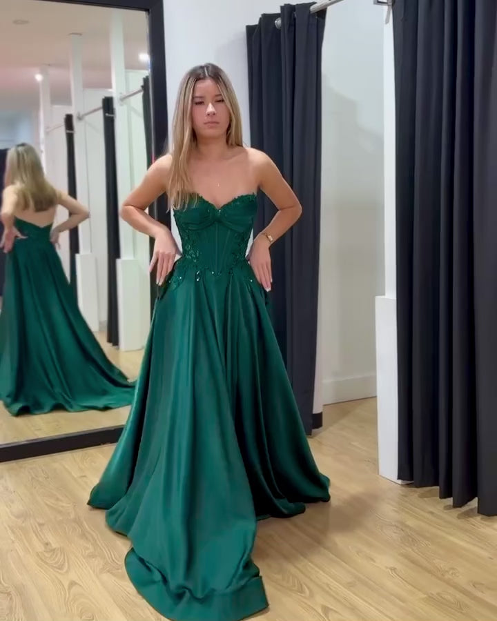 Elise Satin Corset Gown Emerald Video