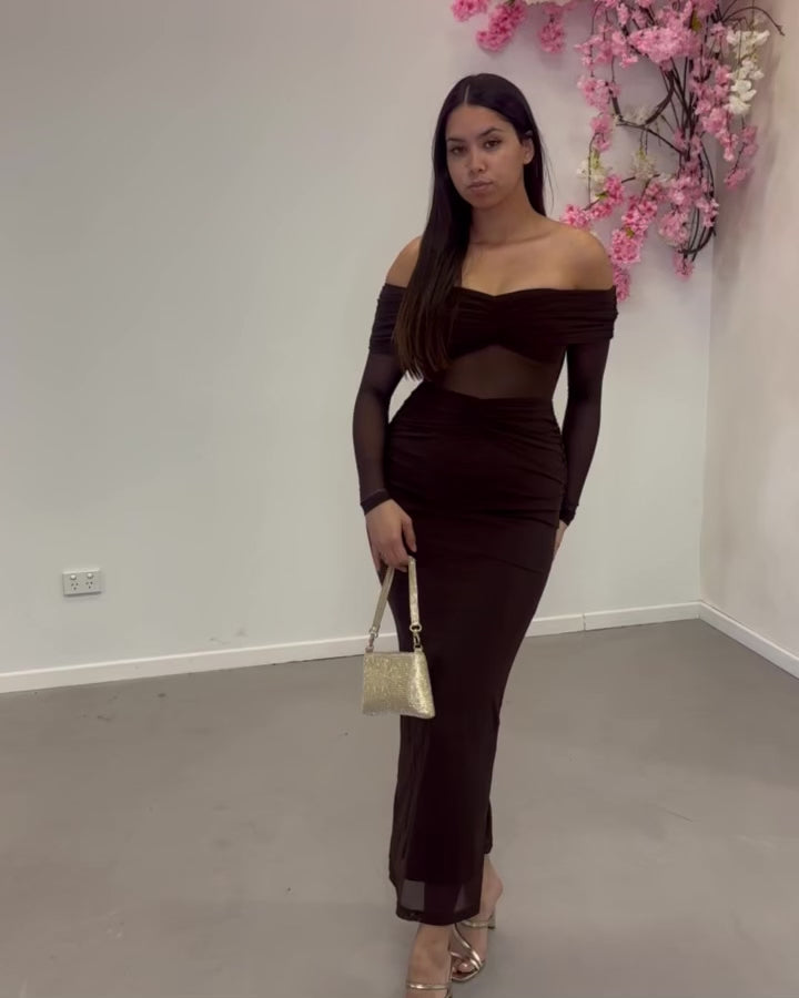 Arielle Mesh Off Shoulder Maxi Dress - Chocolate Video