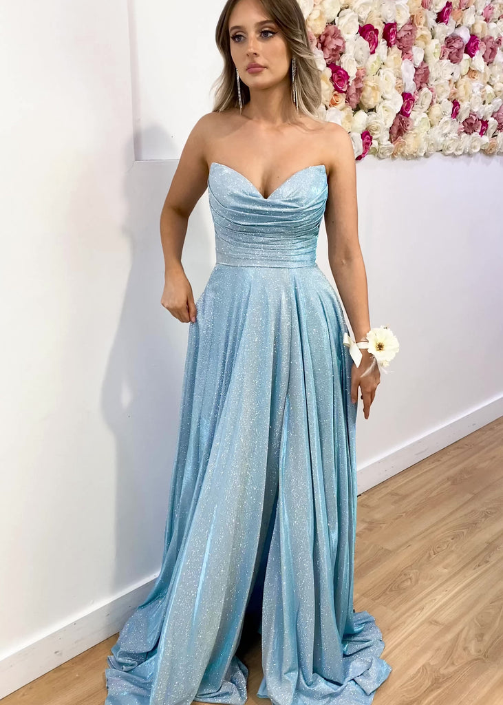 Rosie Strapless Glitter Gown - Baby Blue