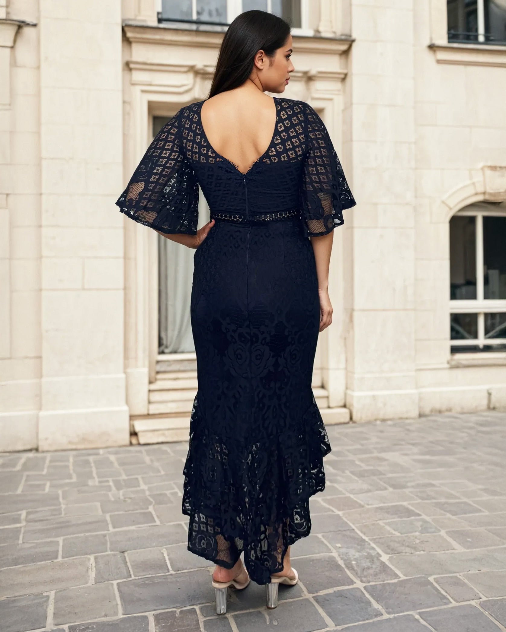 Reyna Lace Midi Dress Navy Back