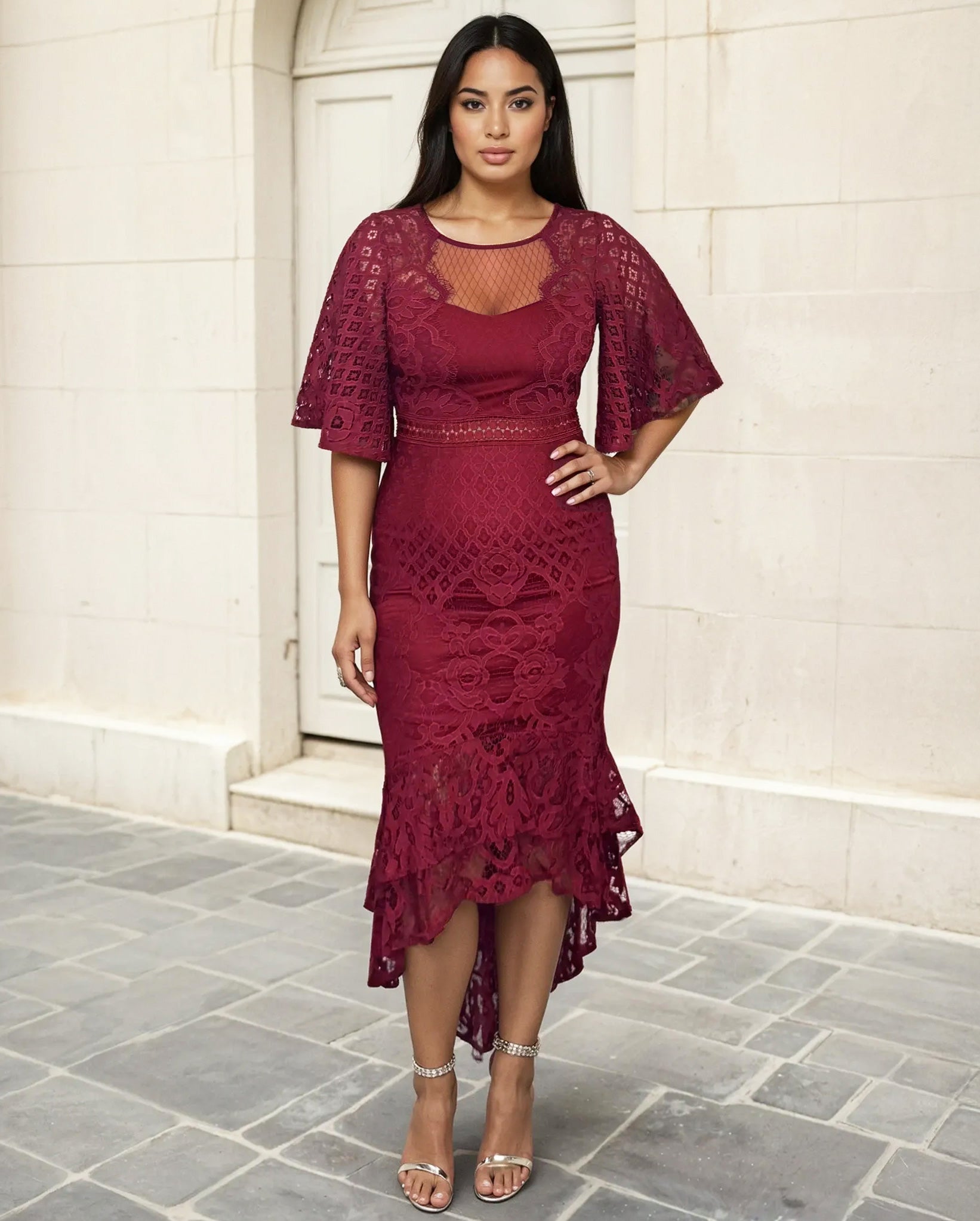 Reyna Lace Midi Dress Red Front