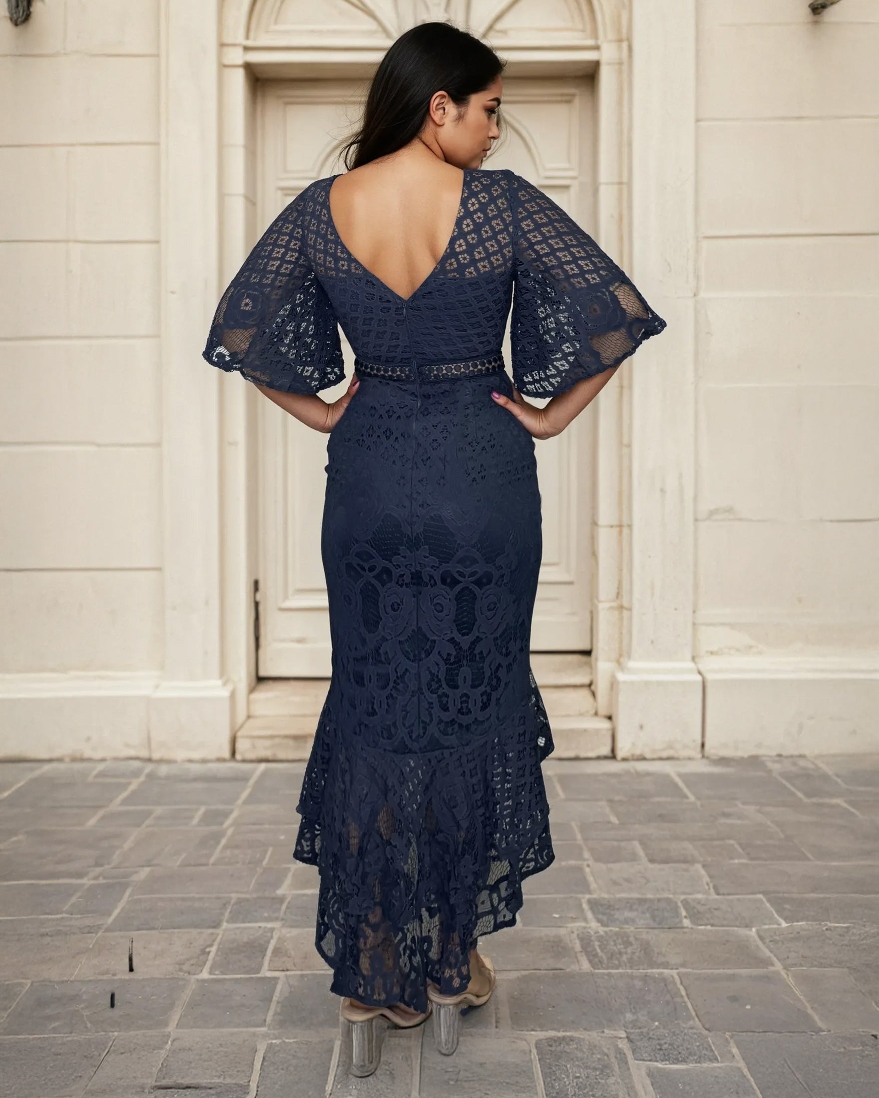 Reyna Lace Midi Dress Steel Blue Back