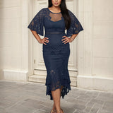 Reyna Lace Midi Dress Steel Blue Front