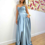 Rosie Strapless Satin Gown - Cadet Blue