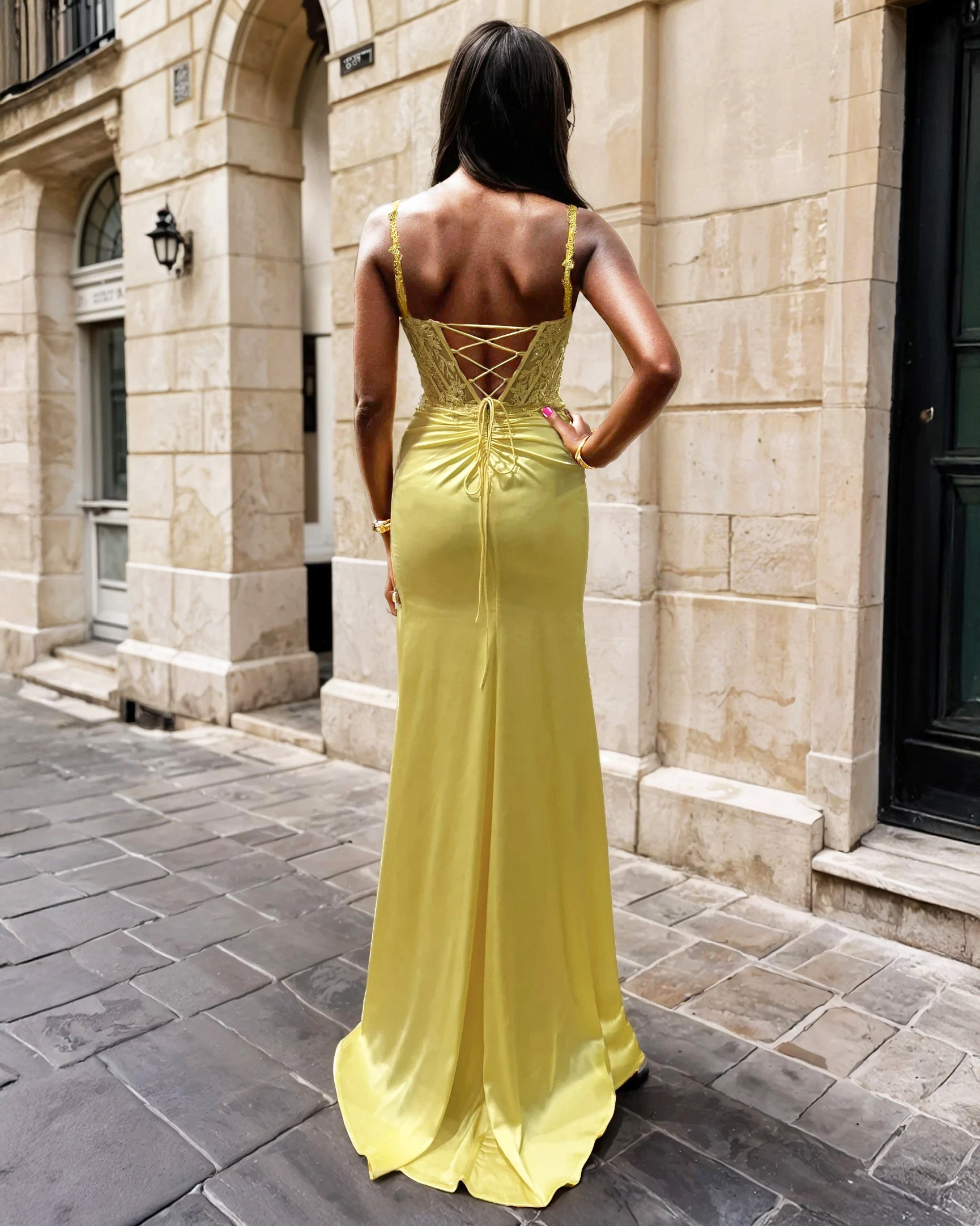 Rowena Corset Gown Yellow Back