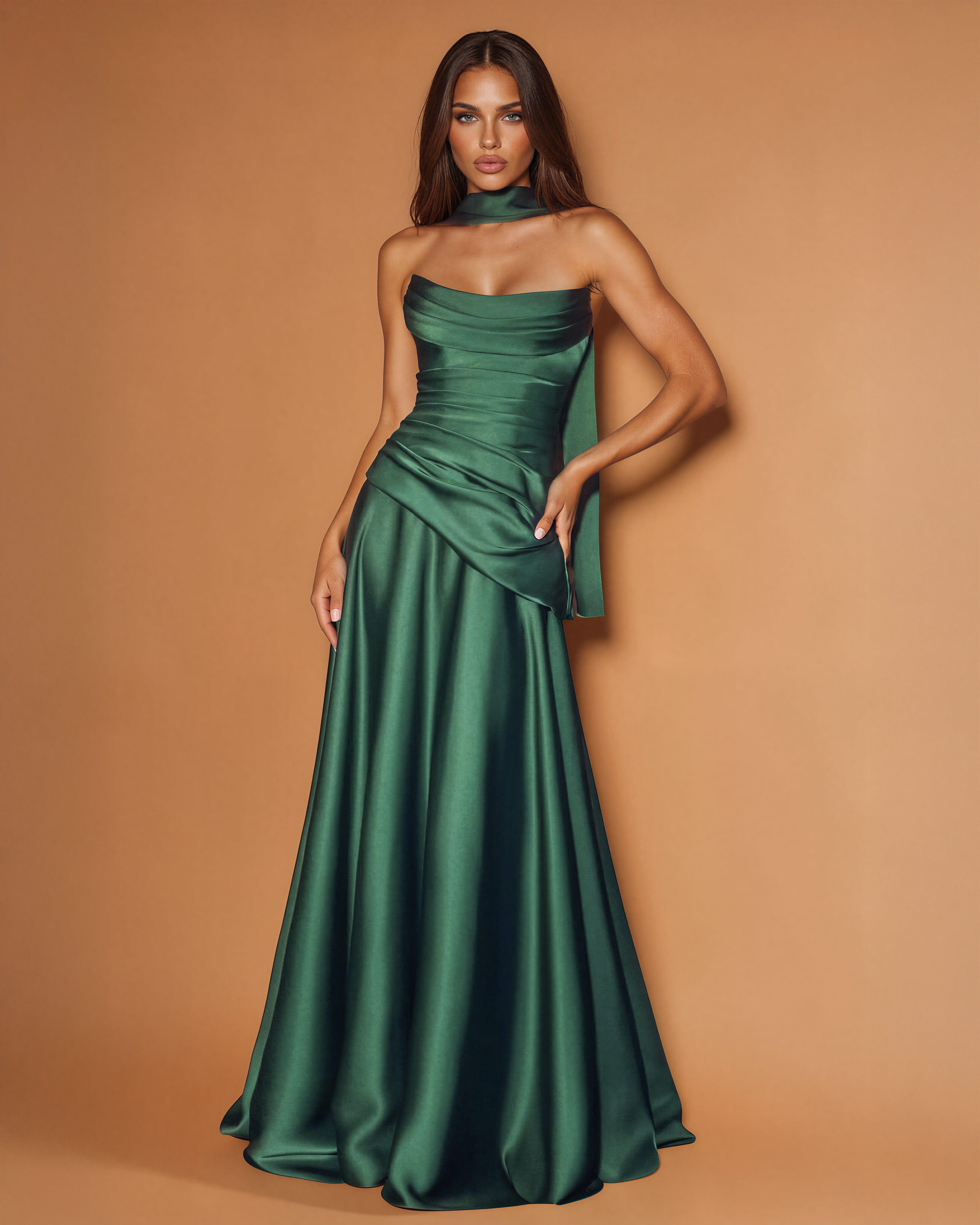 Sabrina Satin Gown Emerald front