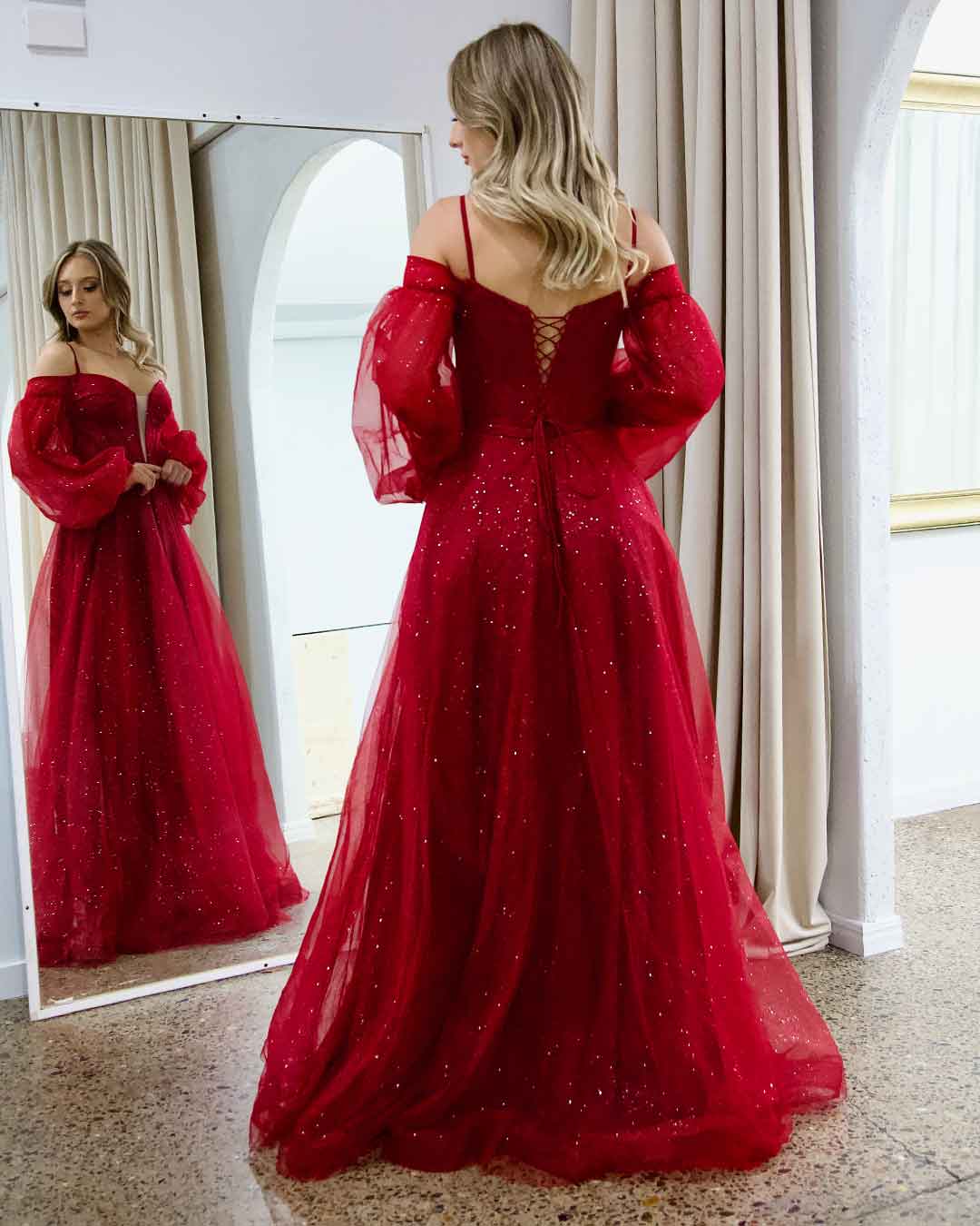 Savannah Off Shoulder Corset Gown - Ruby