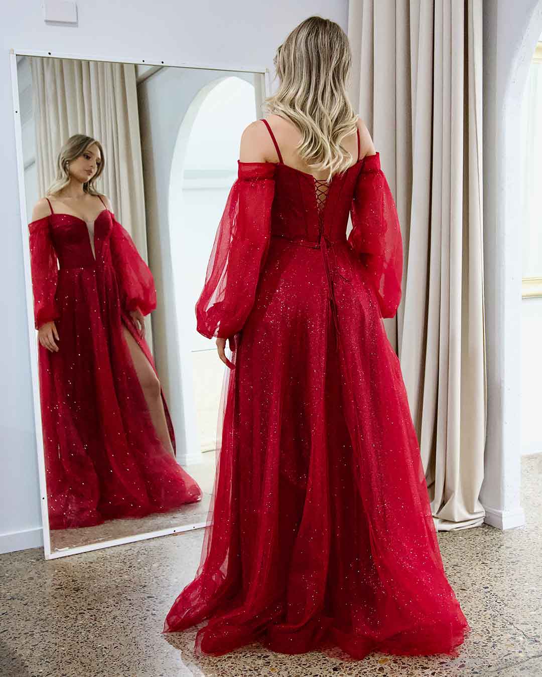 Savannah Off Shoulder Corset Gown - Ruby