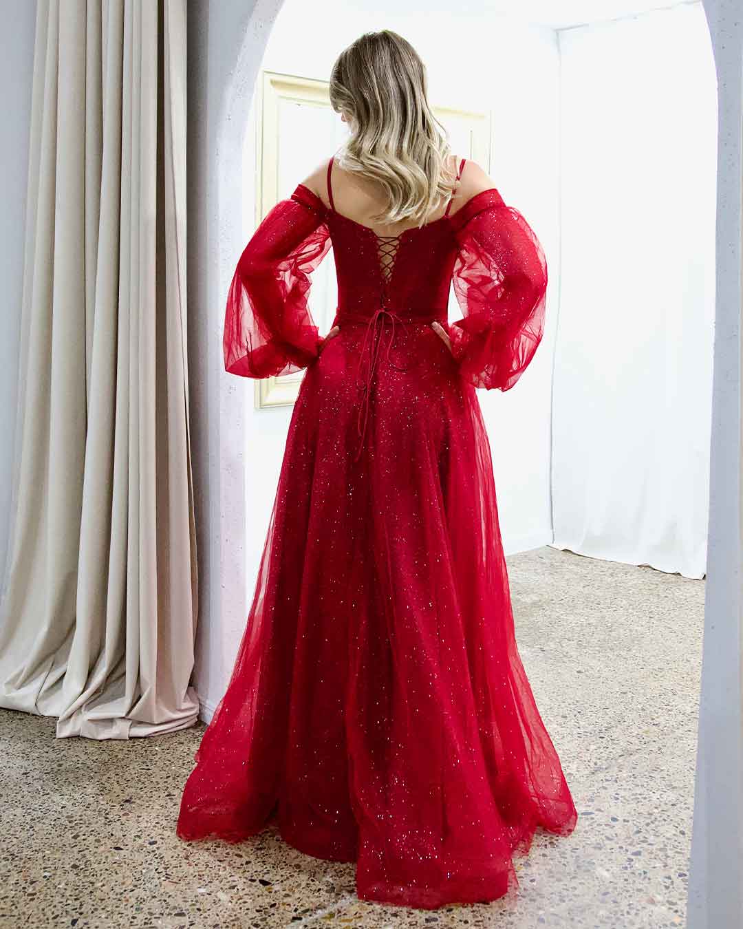 Savannah Off Shoulder Corset Gown - Ruby