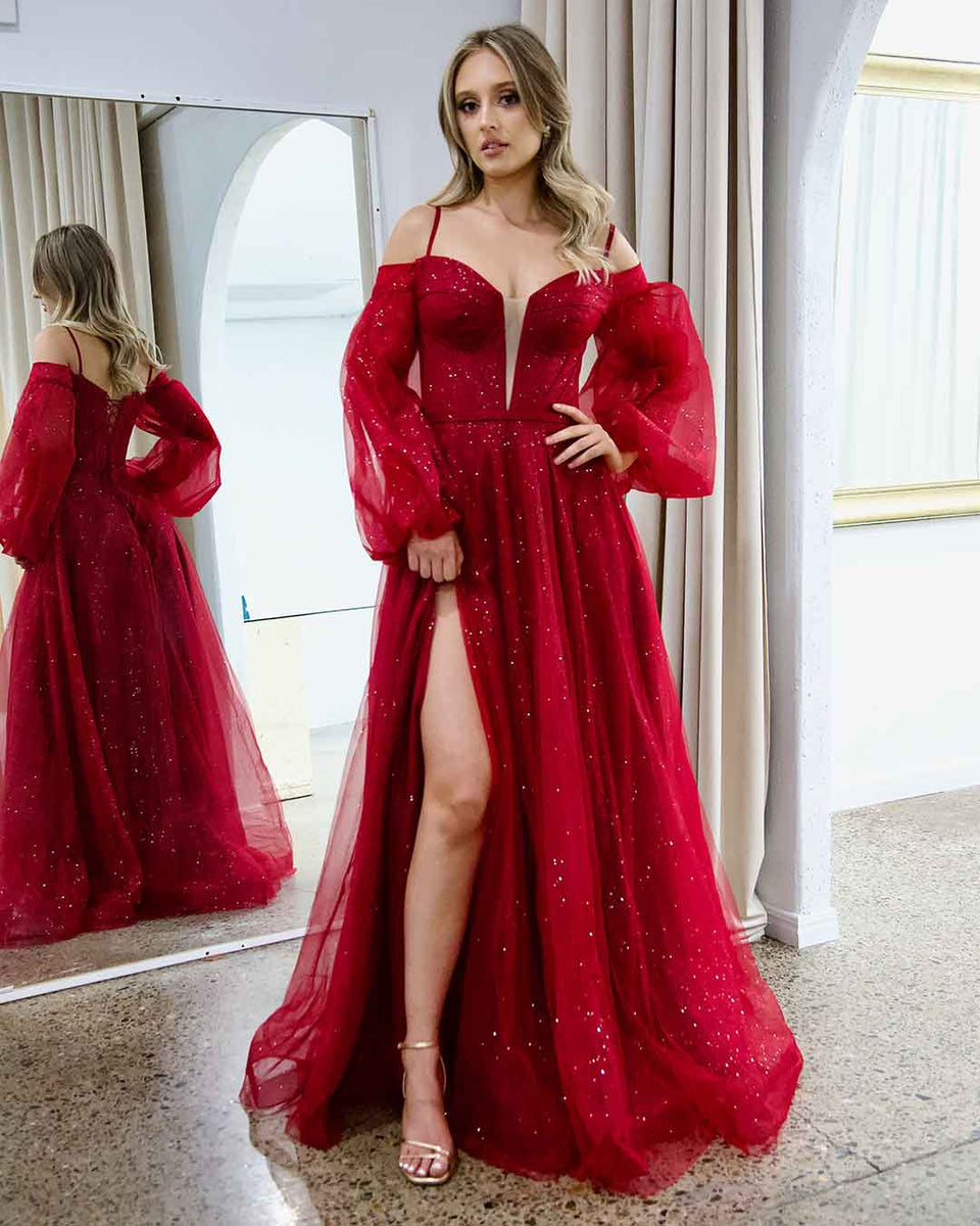 Savannah Off Shoulder Corset Gown - Ruby