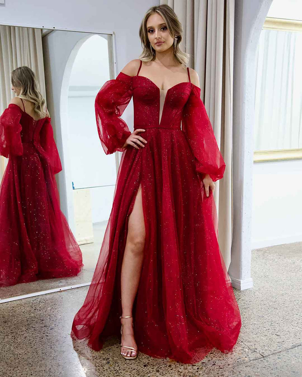 Savannah Off Shoulder Corset Gown - Ruby
