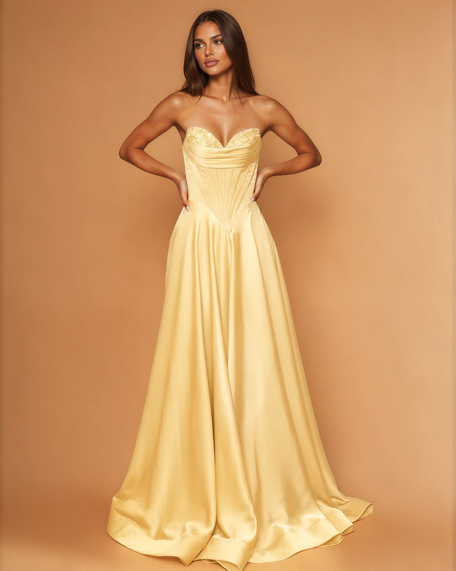 Sloane Satin Corset Gown Lemon front
