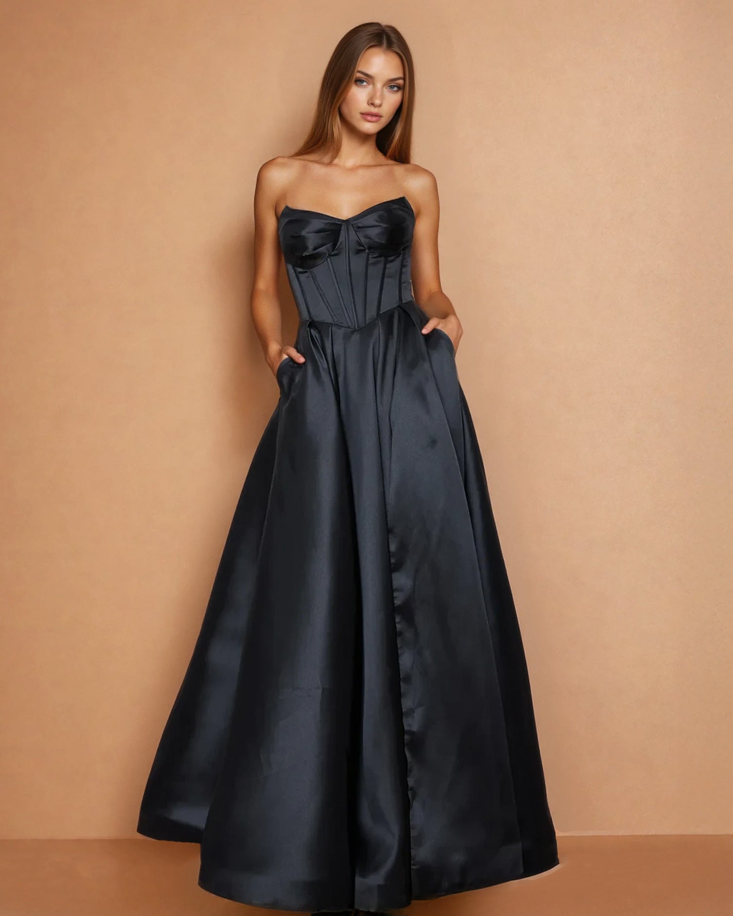 Stella Satin Corset Gown Black front