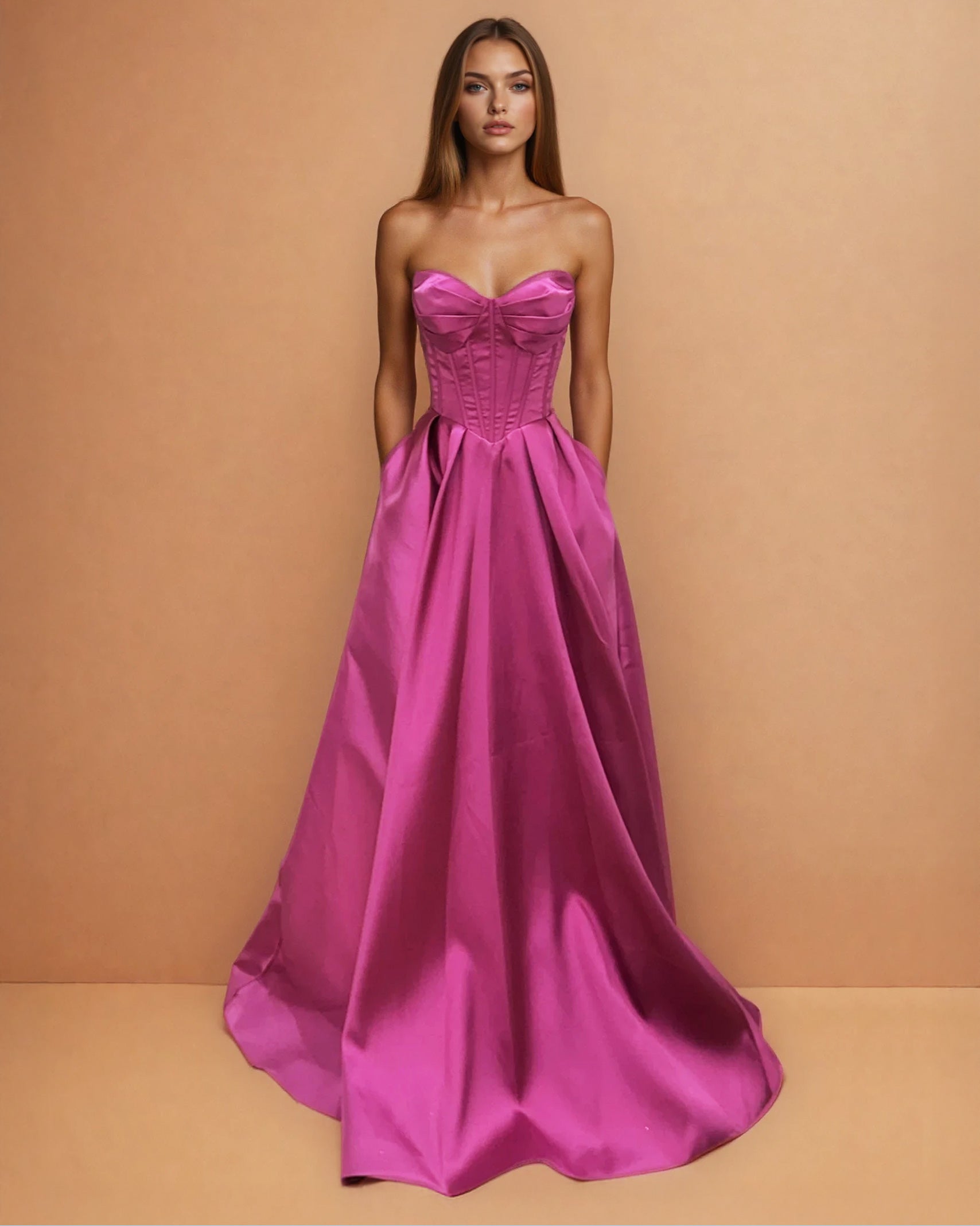 Stella Satin Corset Gown Magenta front