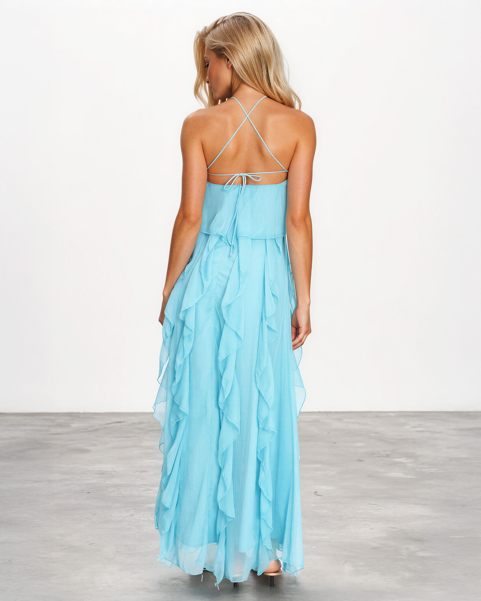 Sylvie Ruffle Maxi Dress Aqua back