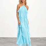 Sylvie Ruffle Maxi Dress Aqua front