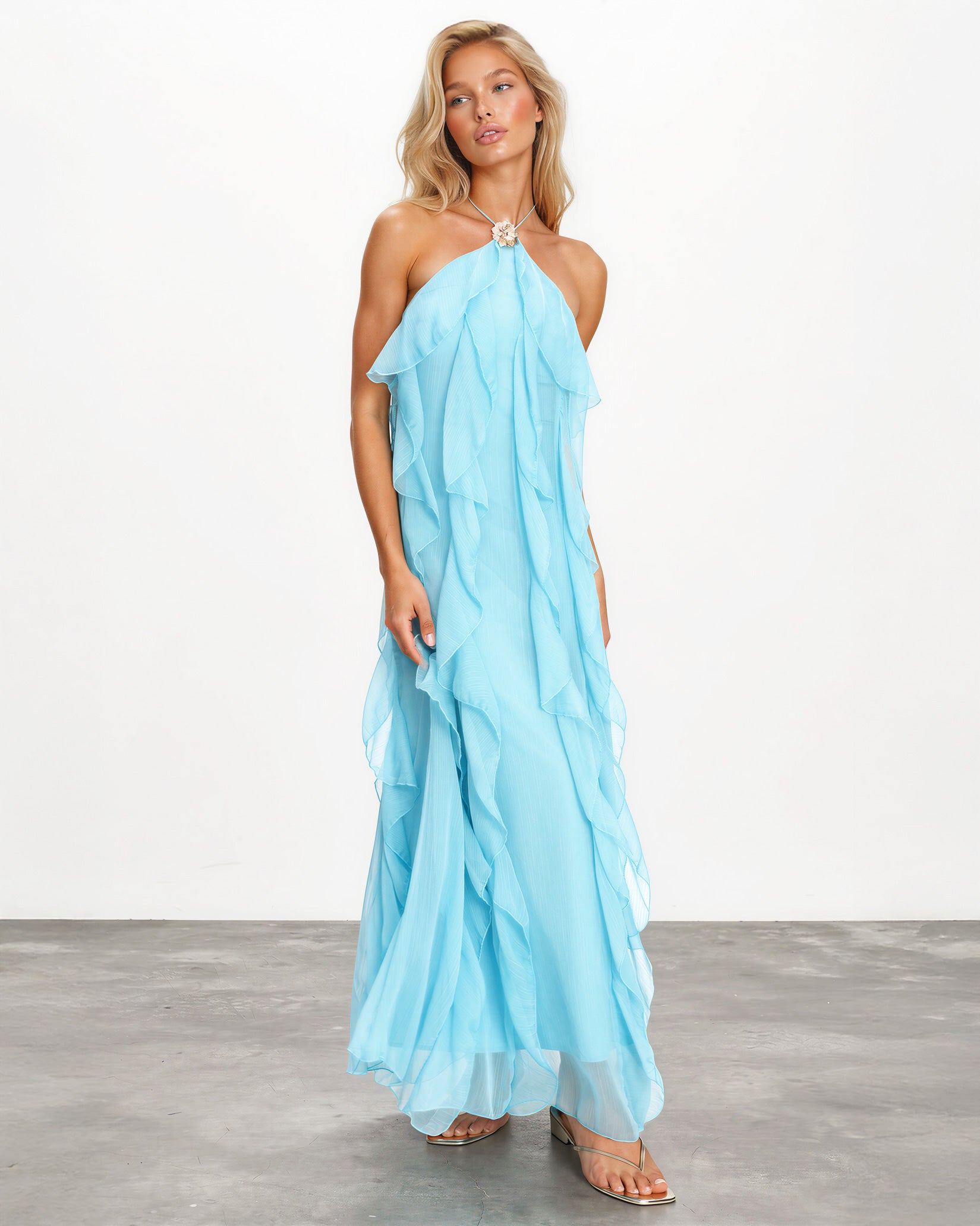 Sylvie Ruffle Maxi Dress Aqua front