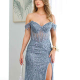 Tatiana Corset Sequin Gown - Smoky Blue