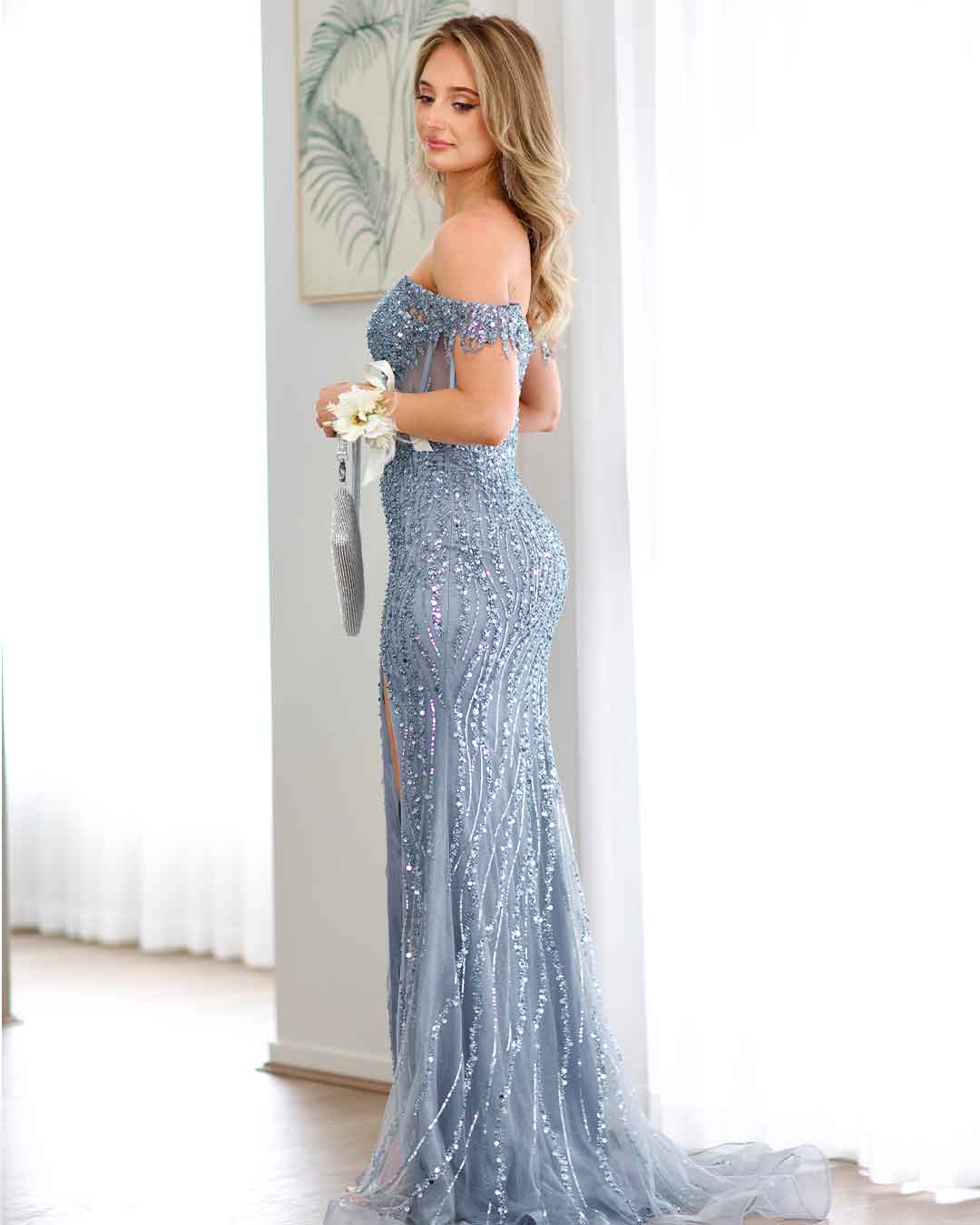 Tatiana Corset Sequin Gown - Smoky Blue