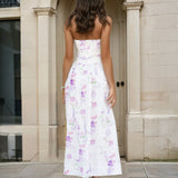 Woman wearing a strapless floral dress 