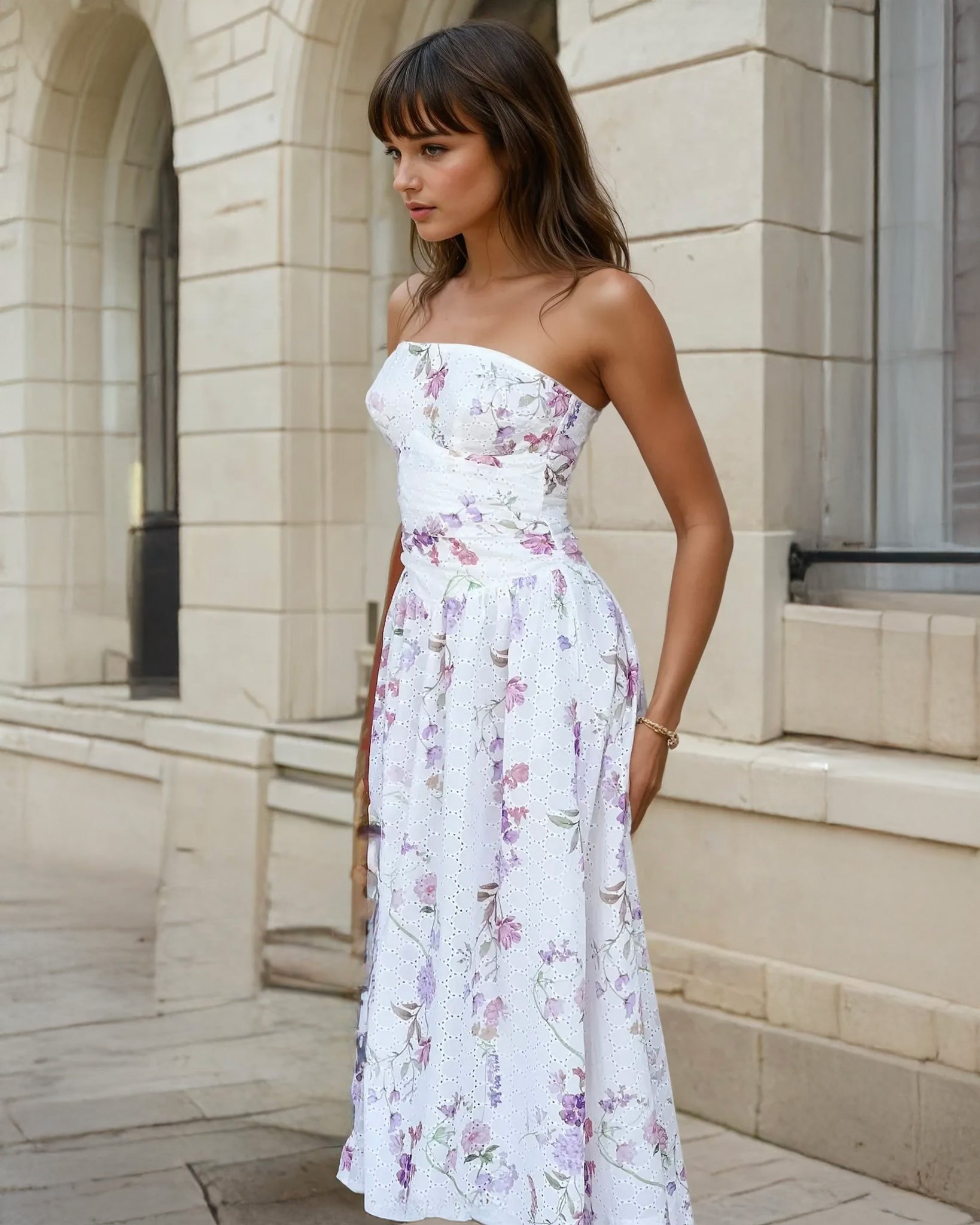 Tilly Floral Strapless Midi Dress White