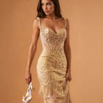 Valencia Beaded Fringe Gown Gold front close