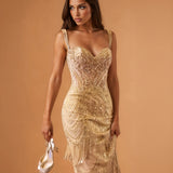 Valencia Beaded Fringe Gown Gold front close