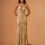 Valencia Beaded Fringe Gown Gold front