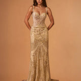 Valencia Beaded Fringe Gown Gold front