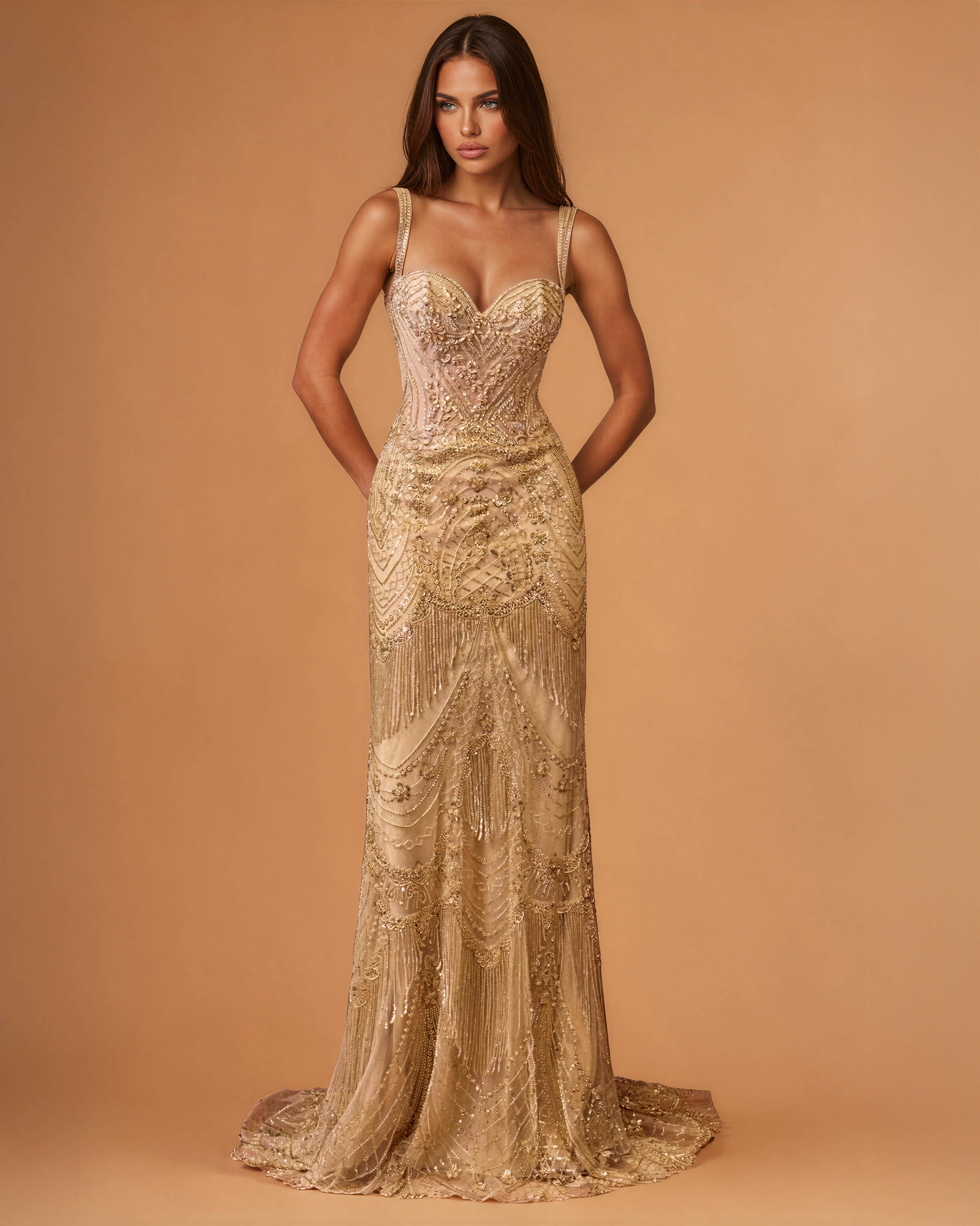 Valencia Beaded Fringe Gown Gold front