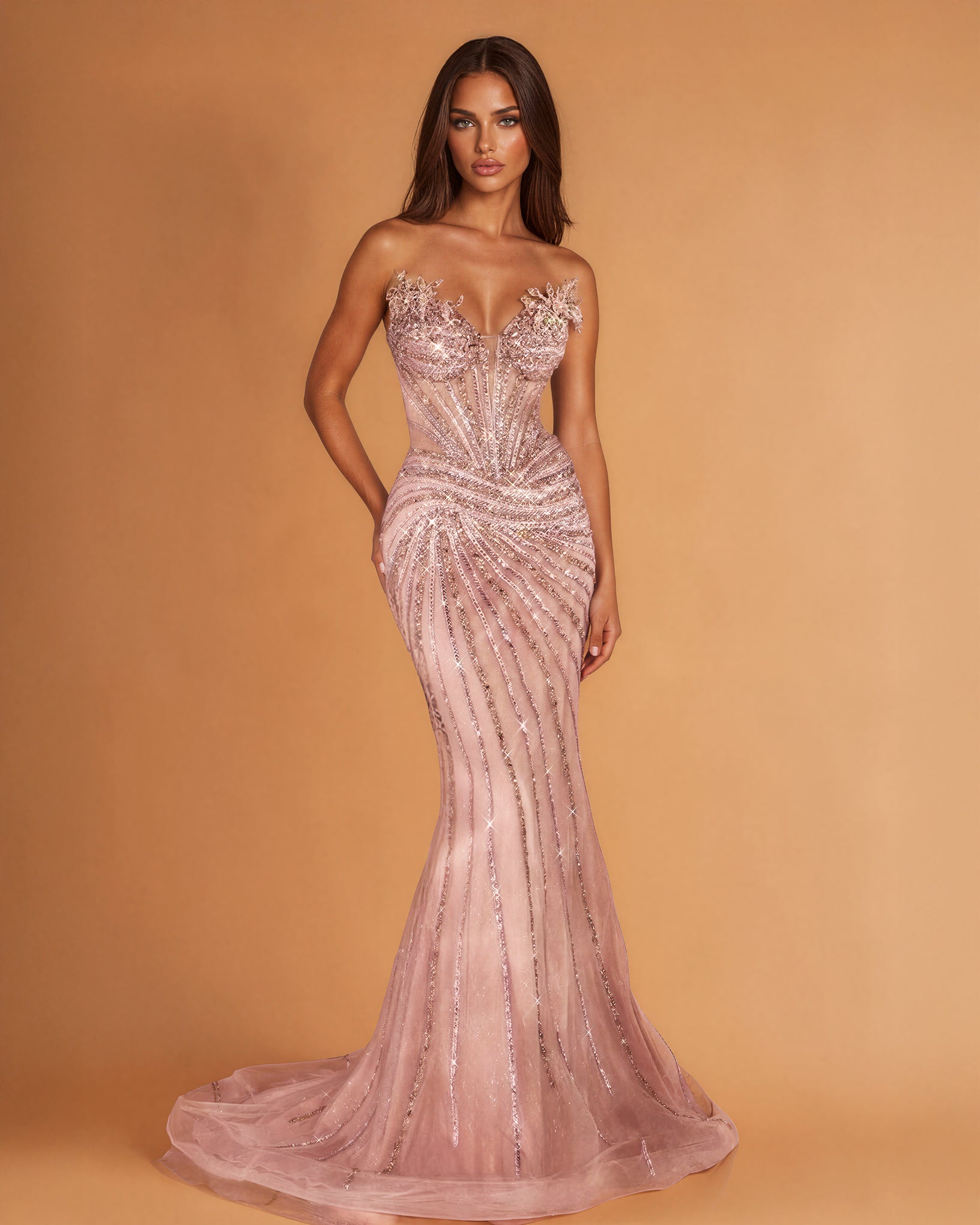 Valentina Beaded Corset Gown Rose Front