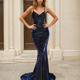 Woman wearing a navy blue glitter formal evening gown in front of classical architecture.
