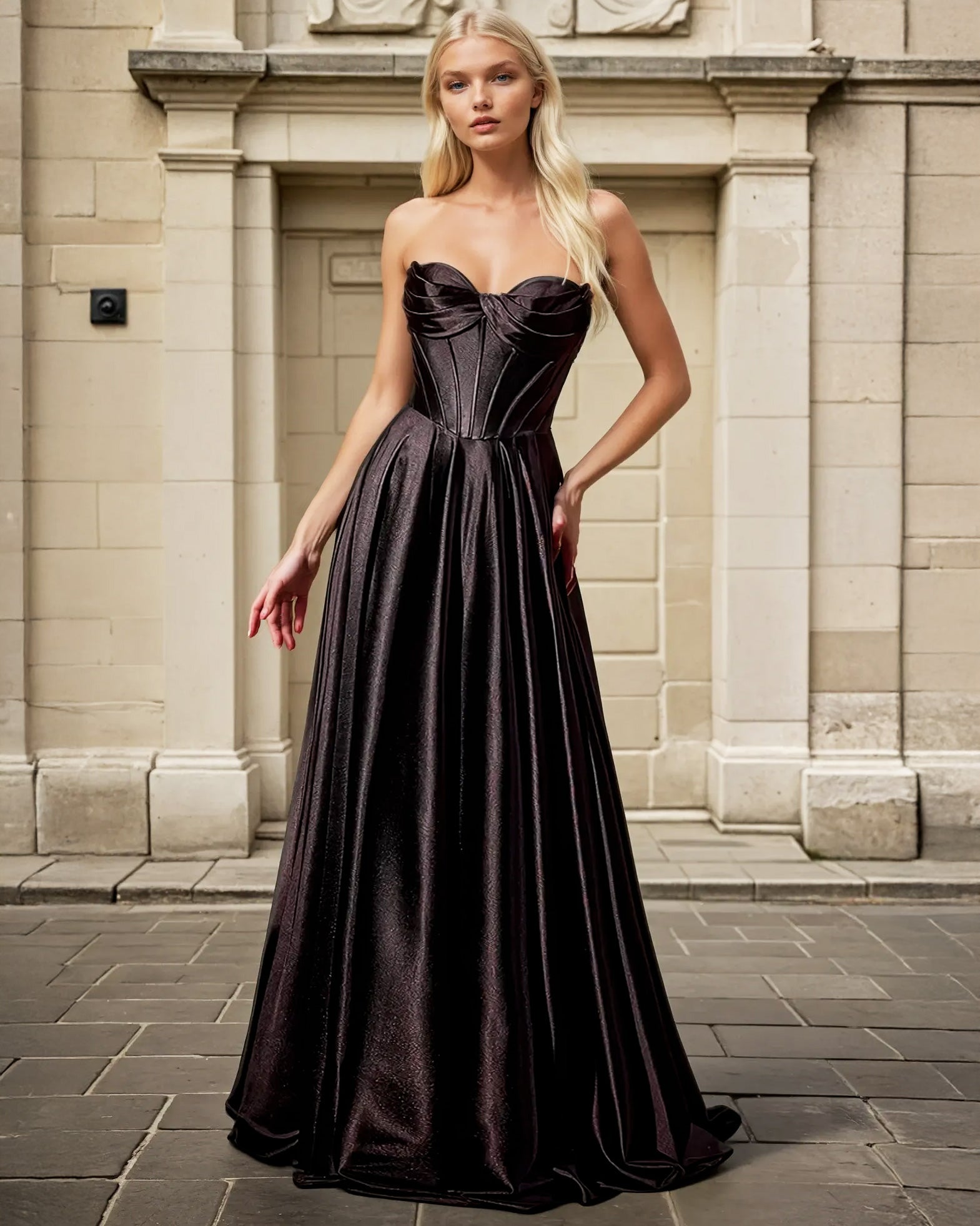 Zephyr Strapless Satin Gown Black Front